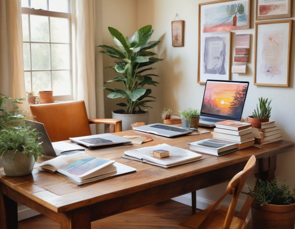 A cozy, well-lit home office setting featuring a couple engaged in a lively conversation about their professional development while sitting across from each other at a wooden table. Surround them with motivational books, laptops displaying online courses, and soft personal touches like framed photos and potted plants. The atmosphere exudes warmth and connection, symbolizing the blend of learning and love. watercolor painting. warm colors. inviting ambiance.