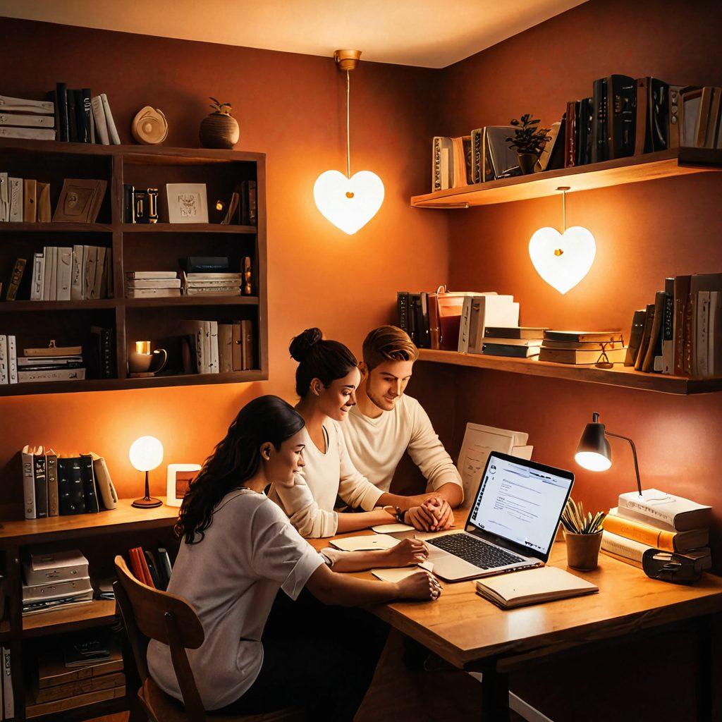 A cozy study with a warm ambiance featuring a couple sitting together at a desk with laptops open, surrounded by books about romance and emotional connection. A glowing heart symbol above them symbolizes their bond, with certificates scattered around representing successful online courses. Soft lighting creates an inviting atmosphere. vector art. warm colors.