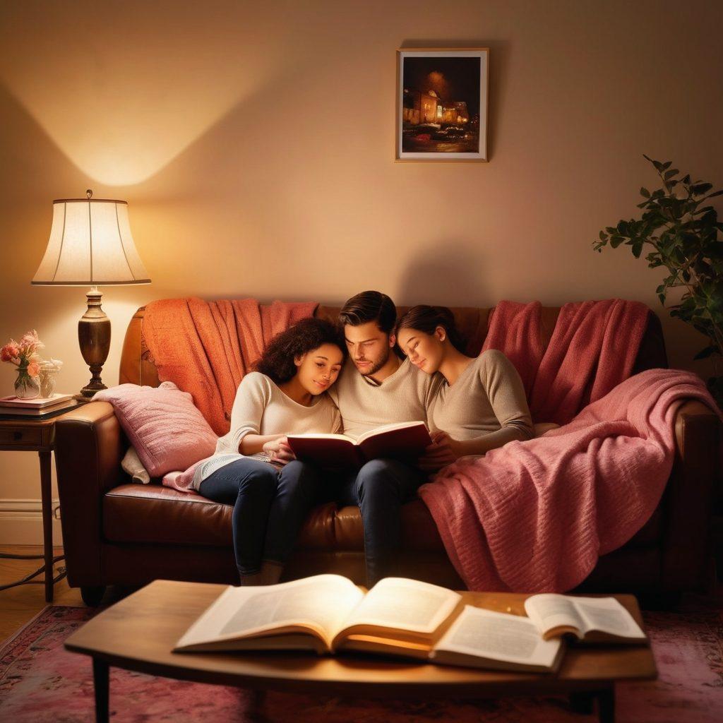 A serene and inviting scene of a couple reading together on a cozy sofa, surrounded by soft lighting and romantic decor, with books and a glowing heart-shaped lamp. Include elements of a learning pathway, like illustrated books and notes scattered around, symbolizing growth and relationship skills. The background features warm colors that evoke feelings of love and connection. super-realistic. warm tones. inviting atmosphere.
